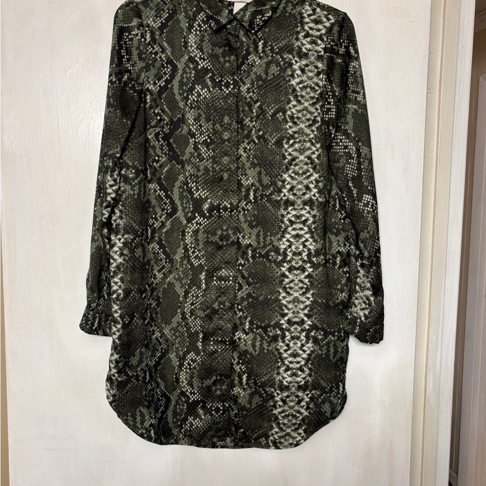 H&M Green Black & Cream Snakeskin Patterned Button Down Shirt Tunic 6